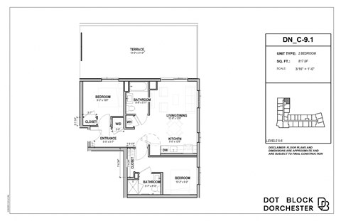 Floor plan for 2 beds, 2 baths, 817 sqft